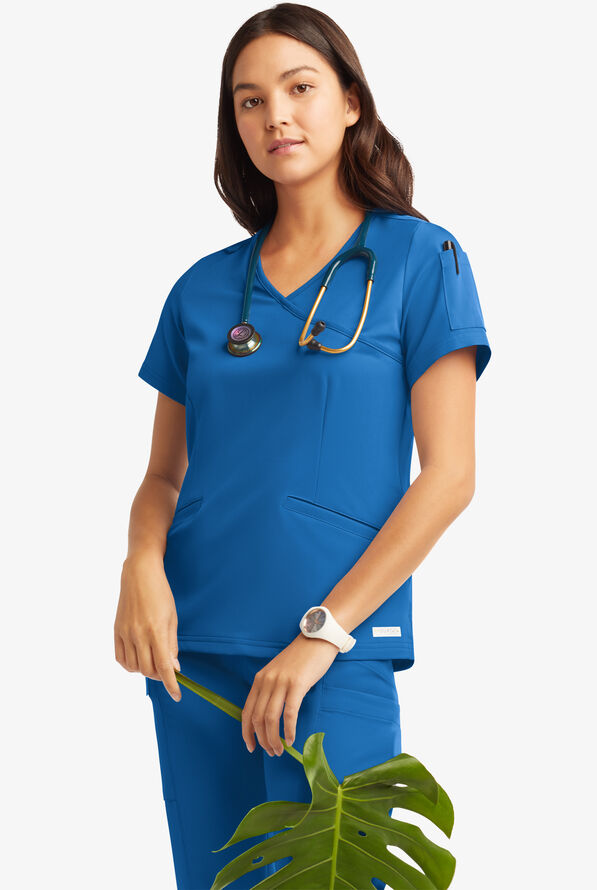 Blusa m&eacute;dica ReSurge by Butter-Soft estilo cruzado con 5 bolsillos para mujer **Ligeramente IRREGULAR** - Royal - 6