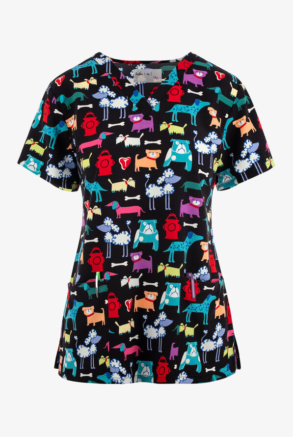 Tasha and Me Puppy Play Women's 2-Pocket STRETCH V-Neck Print Scrub Top - null - 1