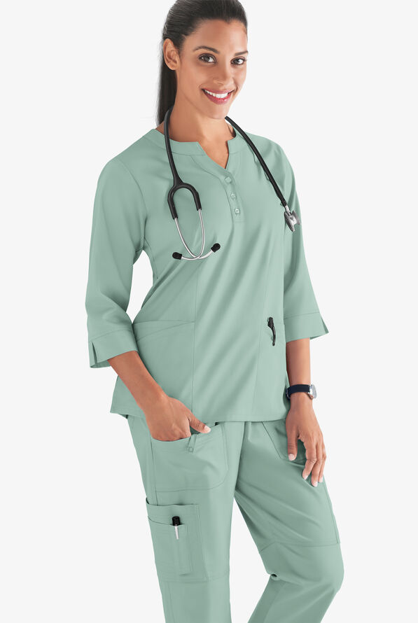 Butter-Soft STRETCH Women's 4-Pocket 3/4" Sleeve Round Neck Scrub Top - Eucalyptus Leaf - 2