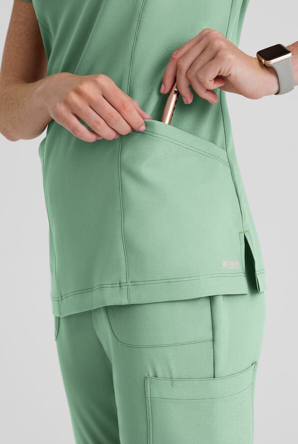 Grey's Anatomy by Barco Evolve STRETCH Sky Women's 2-Pocket Notch Neck Scrub Top - Soft Melon - 3