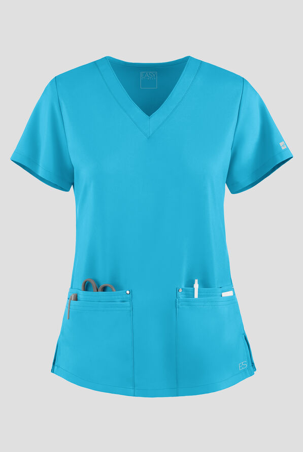 Easy STRETCH Lina Mitered Women's 4-Pocket V-Neck Scrub Top - Turquoise - 1