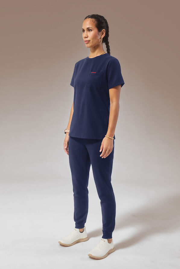 Hypothesis (RED) Base Women's 1-Pocket STRETCH Crew Neck Tuck-In Scrub Top - Navy - 4