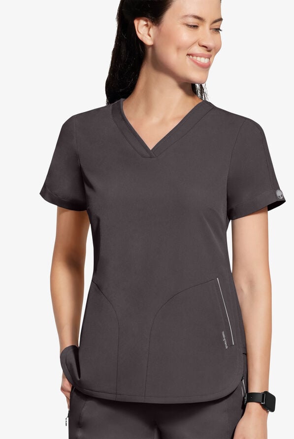 Healing Hands 360 Skyler Women's 2-Pocket STRETCH Race Stripe V-Neck Scrub Top - Pewter - 2