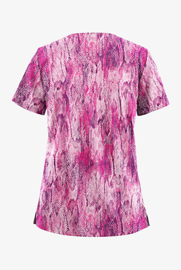 Butter-Soft STRETCH Lux Python Eggplant Women's 2-Pocket V-Neck Print Scrub Top - null - 2