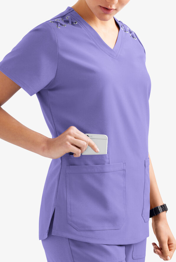 Blusa m&eacute;dica Easy STRETCH Leila con ojales con lazos y 3 bolsillos para mujer - Blueberry Crush - 3