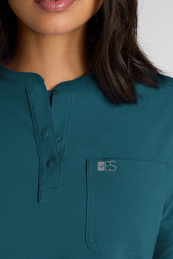 Easy STRETCH Bella Women's 1-Pocket Henley Scrub Top - Caribbean Blue - 4