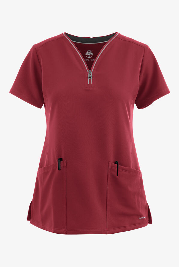 Healing Hands 360 Sonia Women's 3-Pocket STRETCH Reflective Y-Neck Zip Scrub Top - Garnet Red - 1