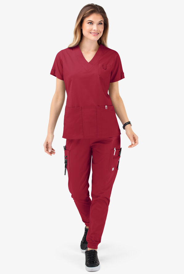 Butter-Soft STRETCH Women's 6-Pocket V-Neck Scrub Top - Ruby - 2
