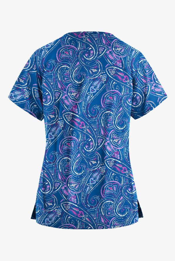 Butter-Soft Elegant Paisley Royal Women’s 4-Pocket V Notch-Neck Print Scrub Top - null - 2