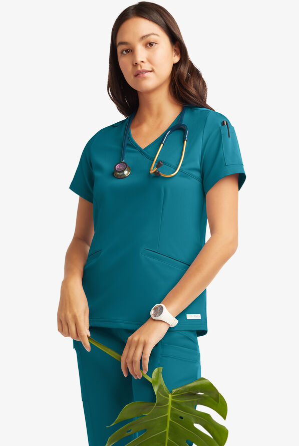 Butter-Soft Women's 5-Pockets Faux Wrap Scrub Top **Slightly IRREGULAR** - Caribbean Blue - 7