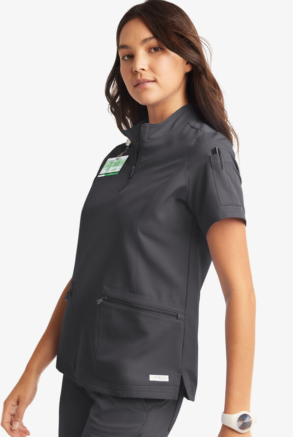 Butter-Soft Women's 5-Pocket Zipper Neck Short Sleeve Scrub Top **Slightly IRREGULAR** - Pewter - 3