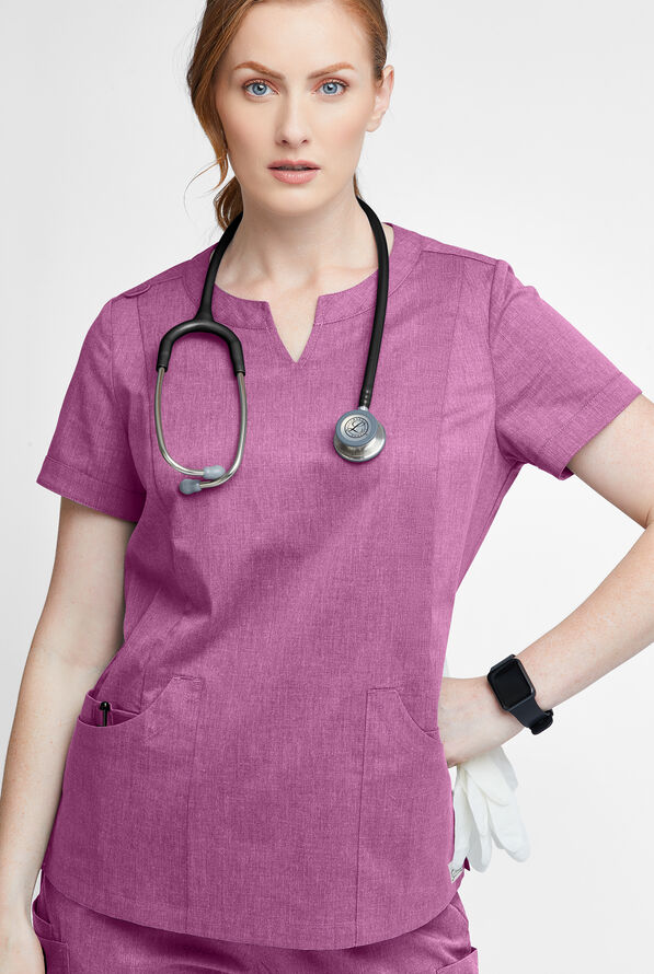 Butter-Soft STRETCH Women's 4-Pocket Notch Neck Scrub Top - Berry Wine Heather - 2