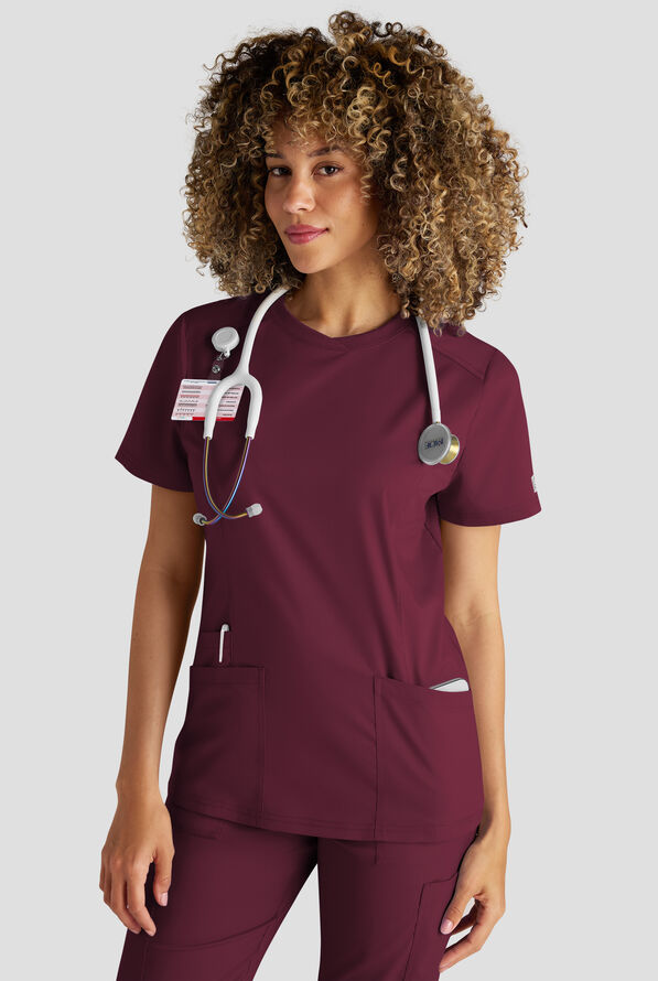 Butter-Soft STRETCH FLXTEK+ Women's 3-Pocket Crew Neck Scrub Top - Wine - 1