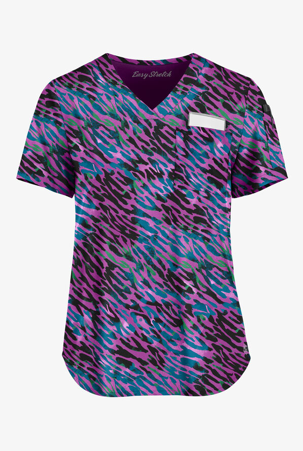 Easy STRETCH Abstract Animal Caribbean Blue Women's 1-Pocket Tuck-In Print Scrub Top - null - 1