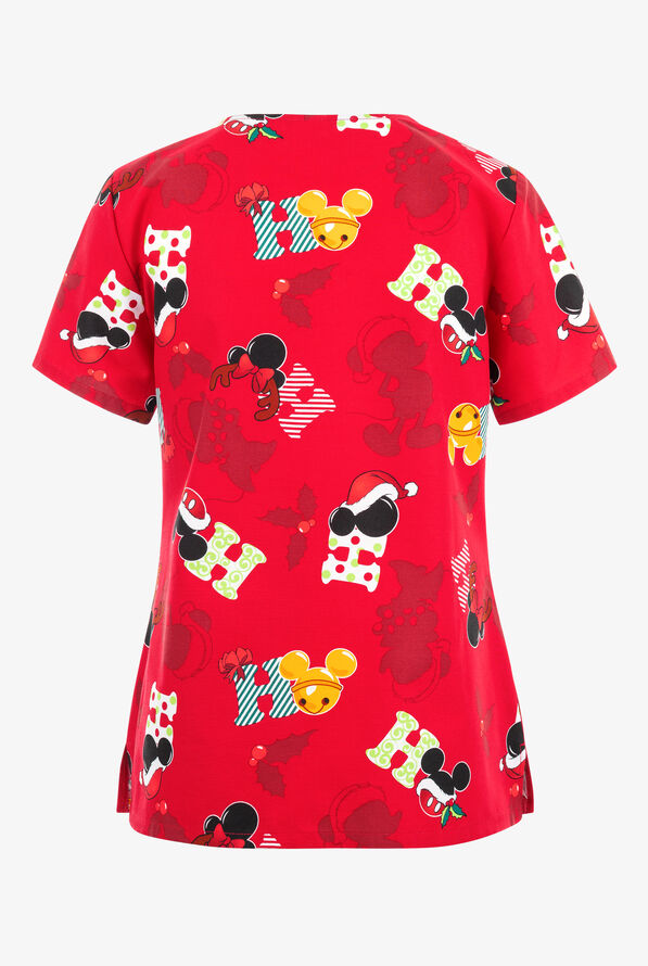 Tooniforms Mickey Holiday Cheer Women's 2-Pocket V-Neck Print Scrub Top - null - 2