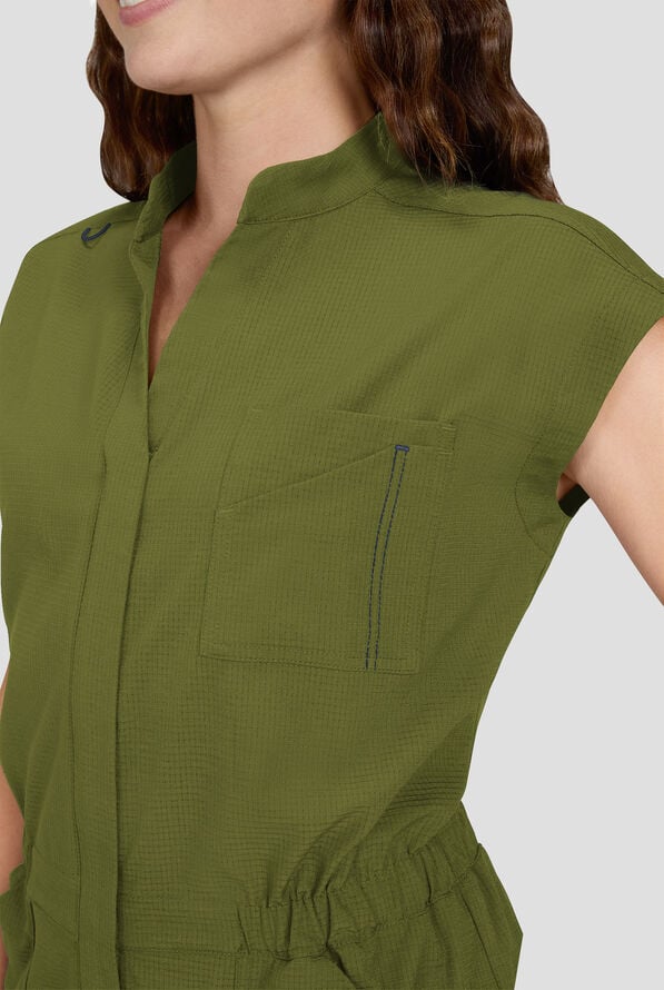koi Solis Anja Women's 9-Pocket STRETCH Zip Front Dolman Sleeve Scrub Jumpsuit - Martini Olive - 2