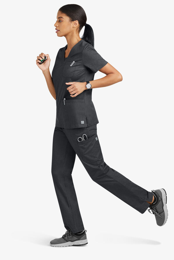 Butter-Soft STRETCH Women's 4-Pocket Knit Waistband Yoga Scrub Pants - Tall - Heather Charcoal/Black - 4