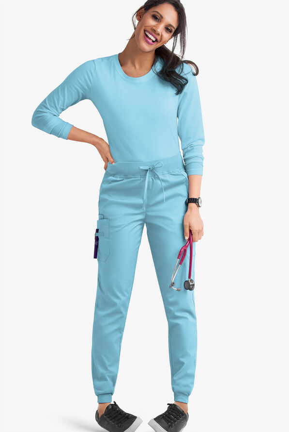 Butter-Soft STRETCH Women's 5-Pocket Cargo Jogger Scrub Pants - Tall - Poolside View - 2