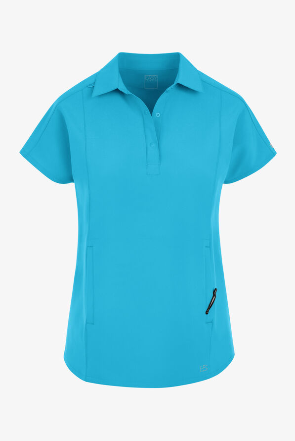 Easy STRETCH LEA Women's 3-Pocket Polo Collar Scrub Top - Turquoise - 1