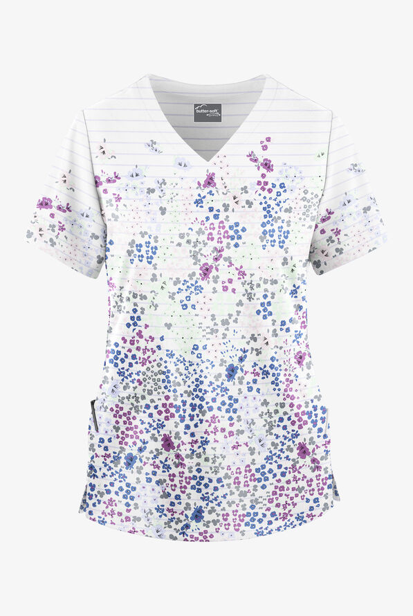 Blusa médica estampada Butter-soft Holland Garden White STRETCH con cuello en V para mujer - null - 1
