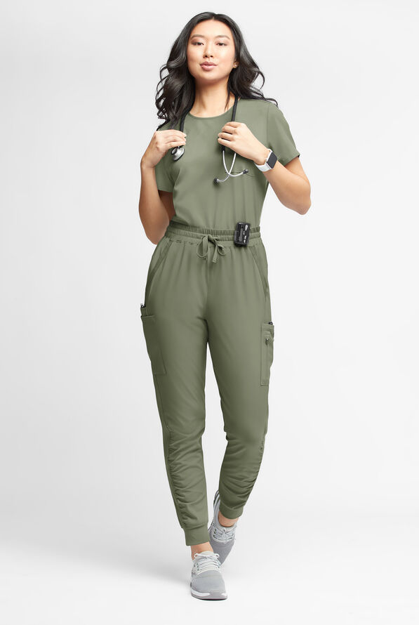 WhisperLite Calla Women's 6-Pocket Ruched Leg Cargo Scrub Pants - Olive Leaf - 2