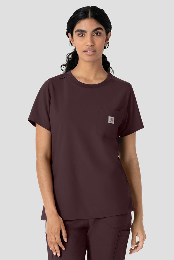 Carhartt Cross-Flex Force Women's 1-Pocket STRETCH Knit Trim Crew Neck Scrub Top - Dark Sepia - 2