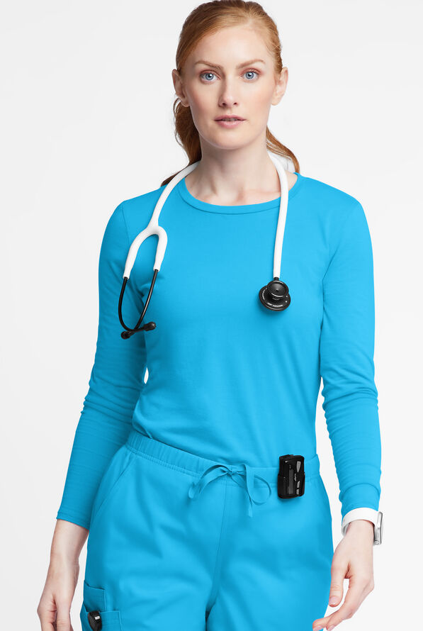 Butter-Soft Originals Women's STRETCH Cotton-Rich Long Sleeve Crew Neck Knit Underscrub - Turquoise - 2