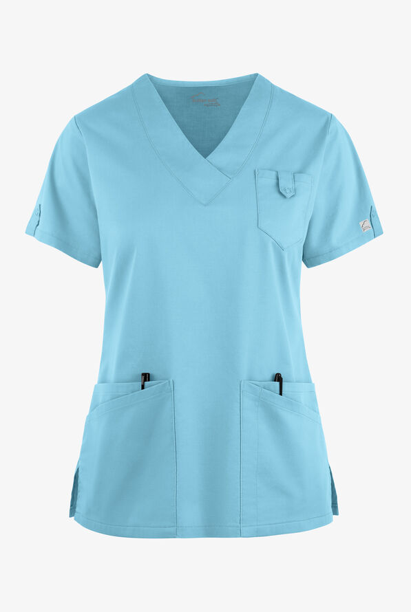 Butter-Soft STRETCH Women's 6-Pocket V-Neck Scrub Top - Poolside View - 1