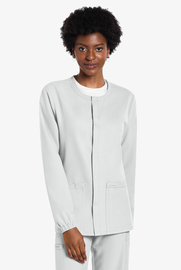 Cherokee Workwear Originals Ultra Unisex 2-Pocket Snap Front Warm Up Scrub Jacket - White - 3