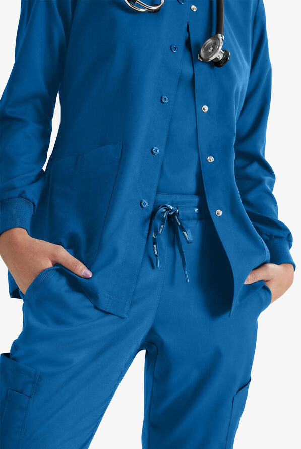 Grey's Anatomy by Barco Women's 4-Pocket Round Neck Warm-Up Scrub Jacket - Royal - 3