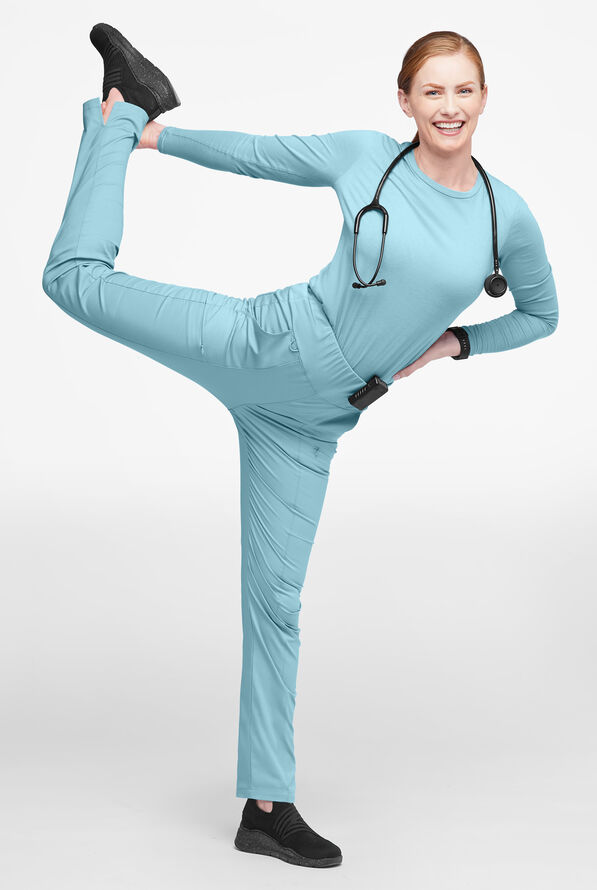 Butter-Soft STRETCH Women's 6-Pocket High Waisted Slim Leg Yoga Scrub Pants - Petite - Dew Drop - 4