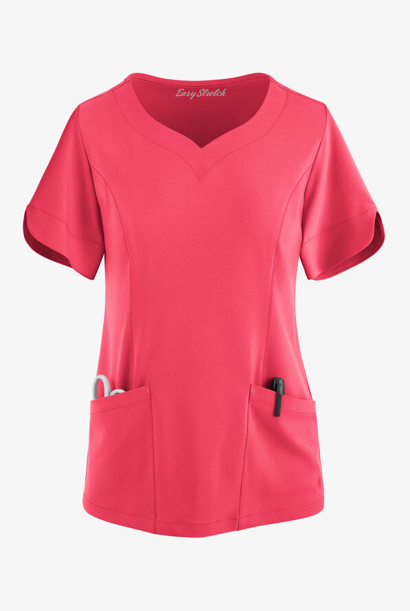 Easy STRETCH Aisha Women's 2-Pocket Sweetheart Neckline Scrub Top - Bright Watermelon - 1