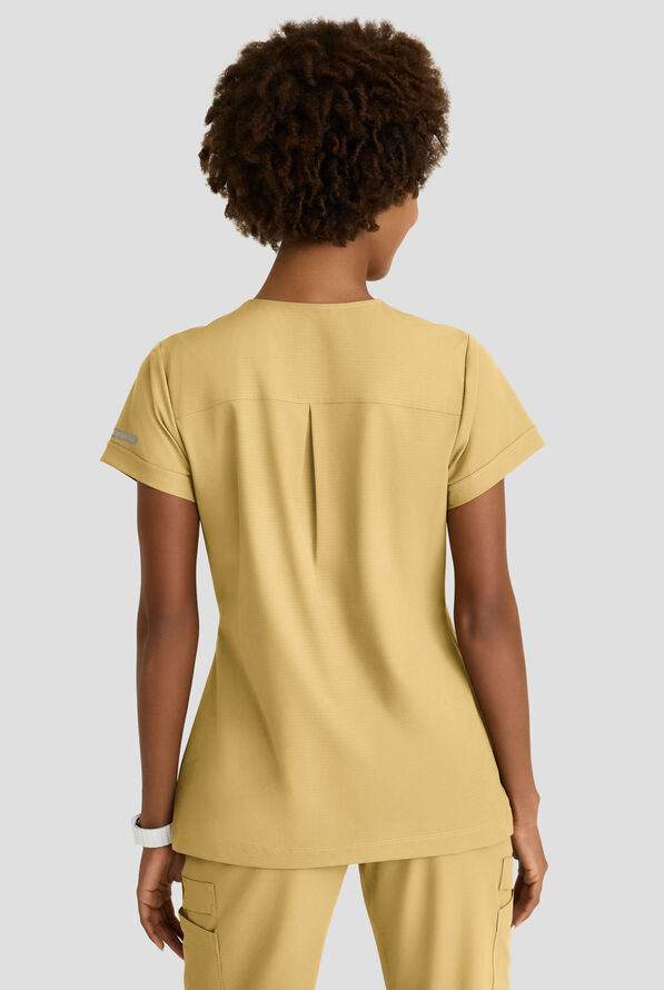 Skechers by Barco Ripstop Trek Women's 2-Pocket STRETCH Rounded Zip Neck Tuck In Scrub Top - Soft Citrine - 4