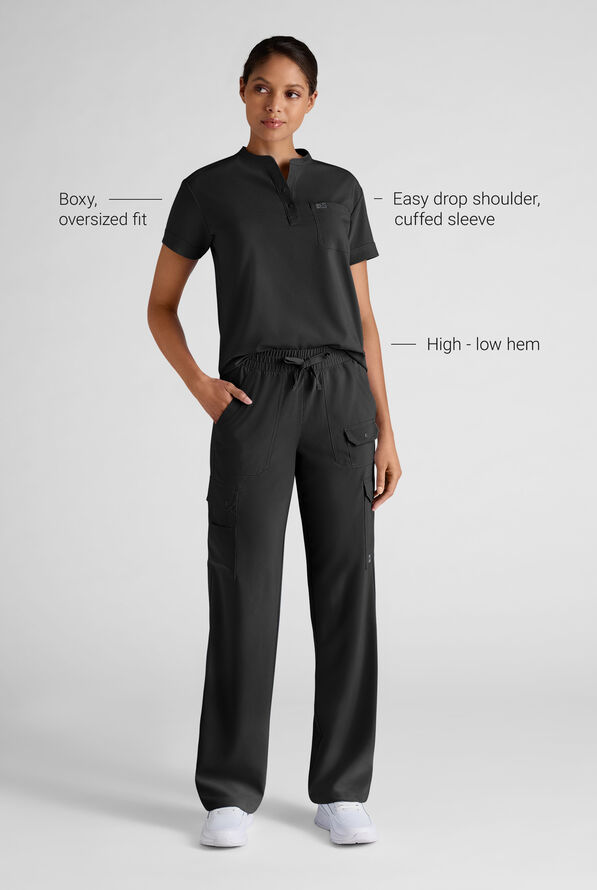Easy STRETCH Bella Women's 1-Pocket Henley Scrub Top - Onyx Black - 3