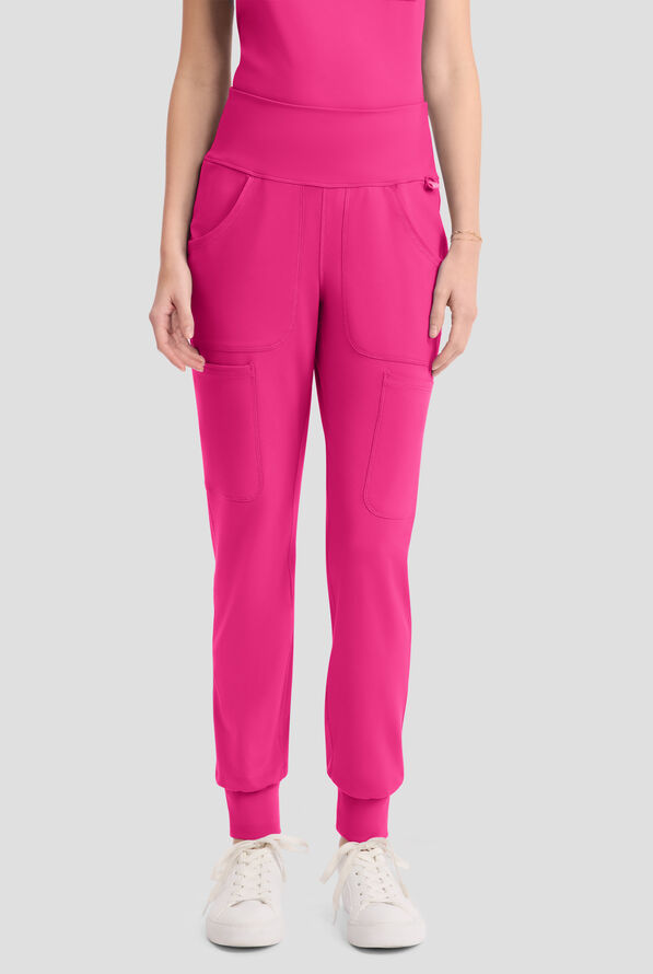 Med Couture Amp Knit Women's 5-Pocket STRETCH High-Rise Cargo Jogger Scrub Pant - Pink Power - 1
