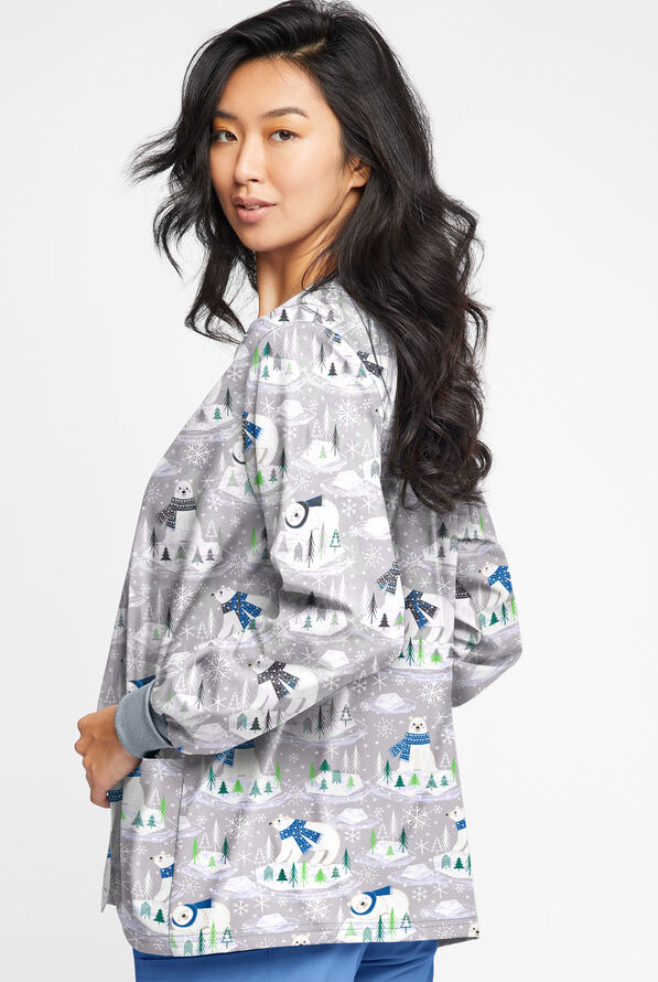Butter-Soft Polar Holiday Silver Women's 2-Pocket Warm-Up Print Scrub Jacket - null - 3