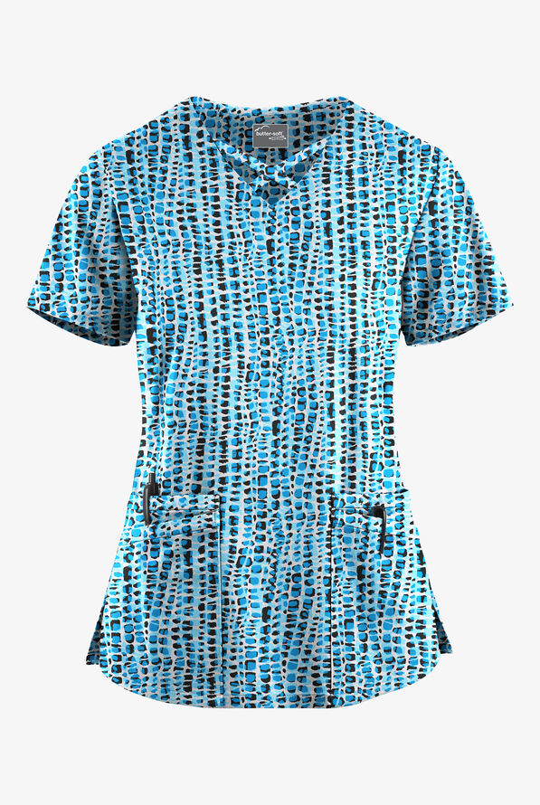 Butter-Soft STRETCH Urban Animal Turquoise Women's 4-Pocket Crisscross Print Scrub Top - null - 1