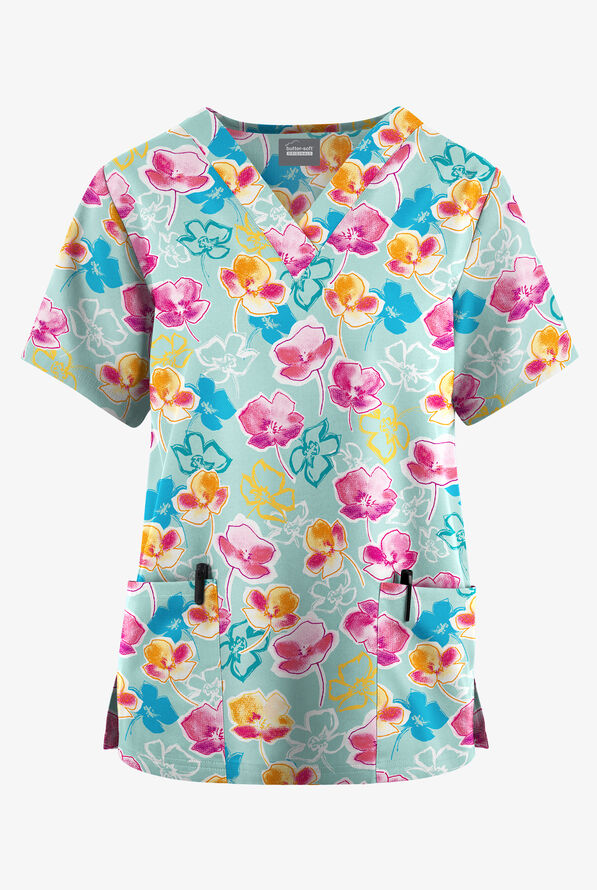 Butter-Soft Originals Spring Poppies Salt Blue Women's 2-Pocket V-Neck Print Scrub Top - null - 1