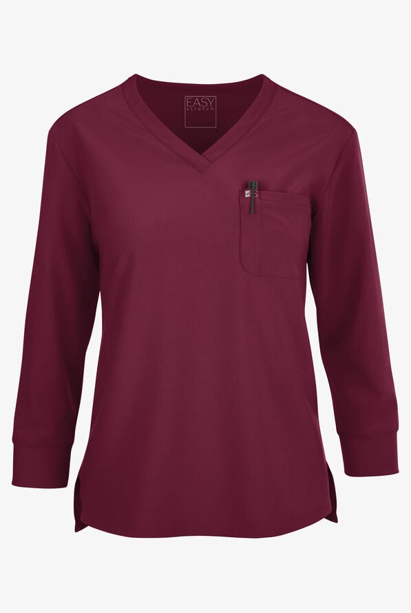 Blusa m&eacute;dica mangas 3/4 Easy STRETCH de corte holgado con cuello en V y 2 bolsillos para mujer - Wine - 1