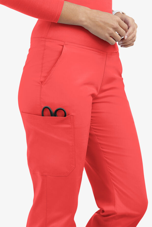 Butter-Soft STRETCH Women's 4-Pocket Knit Waistband Yoga Scrub Pants - Tall - Radiant Red - 4