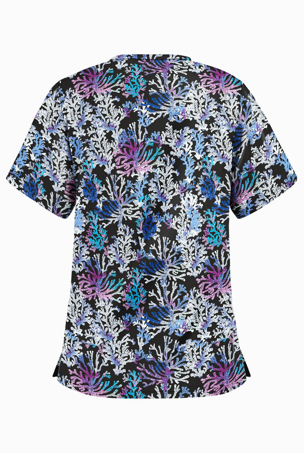 Butter-Soft Coral Reef Black Printed Women's 2-Pocket V-Neck Scrub Top - null - 2