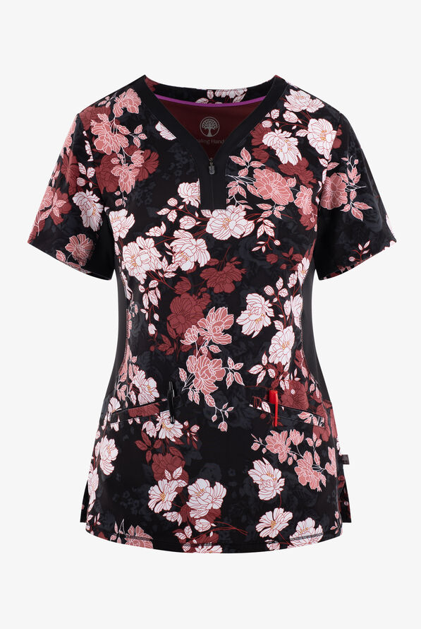 Healing Hands Autumn Florals Women's 3-Pocket STRETCH Y-Neck Print Scrub Top - null - 1