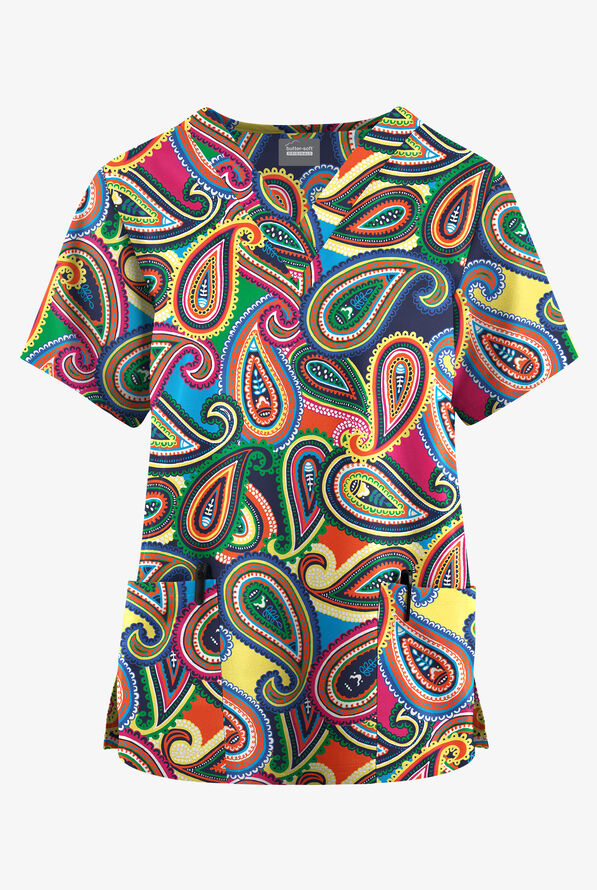 Butter-Soft Originals Naples Paisley Navy Women's 2-Pocket Classic Fit V-Neck Print Scrub Top - null - 1