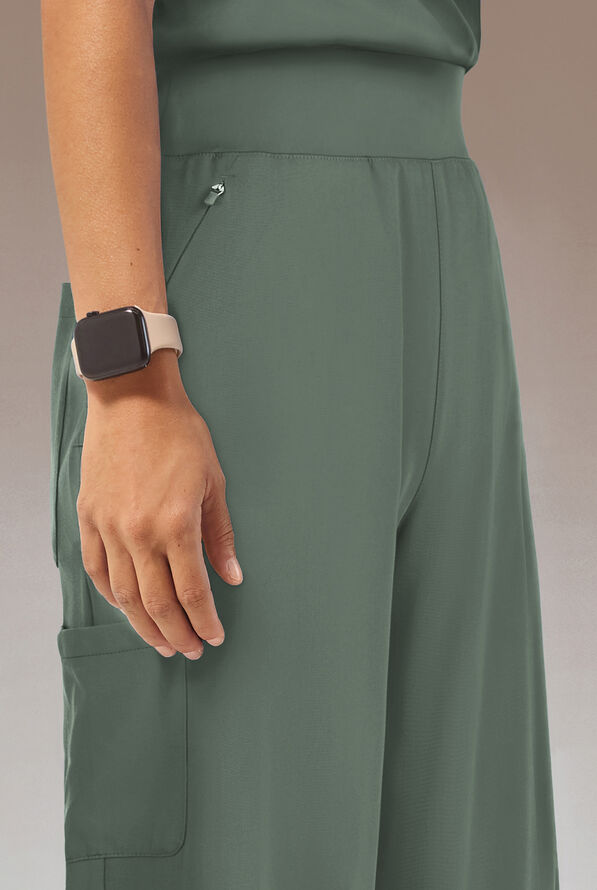 Hypothesis Y-Band Women's 6-Pocket Yoga-Style Knit Waist Wide Leg Scrub Pant - Petite - Mineral - 4