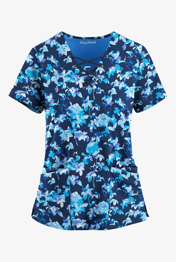 Easy STRETCH Morning Garden Navy Women's 4-Pocket Lace Up V-Neck Print Scrub Top - null - 1