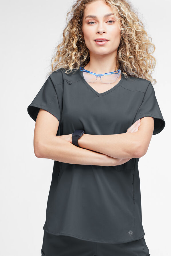 Blusa m&eacute;dica holgada Easy STRETCH Sierra con cuello en V y 2 bolsillos para mujer - Pewter - 2