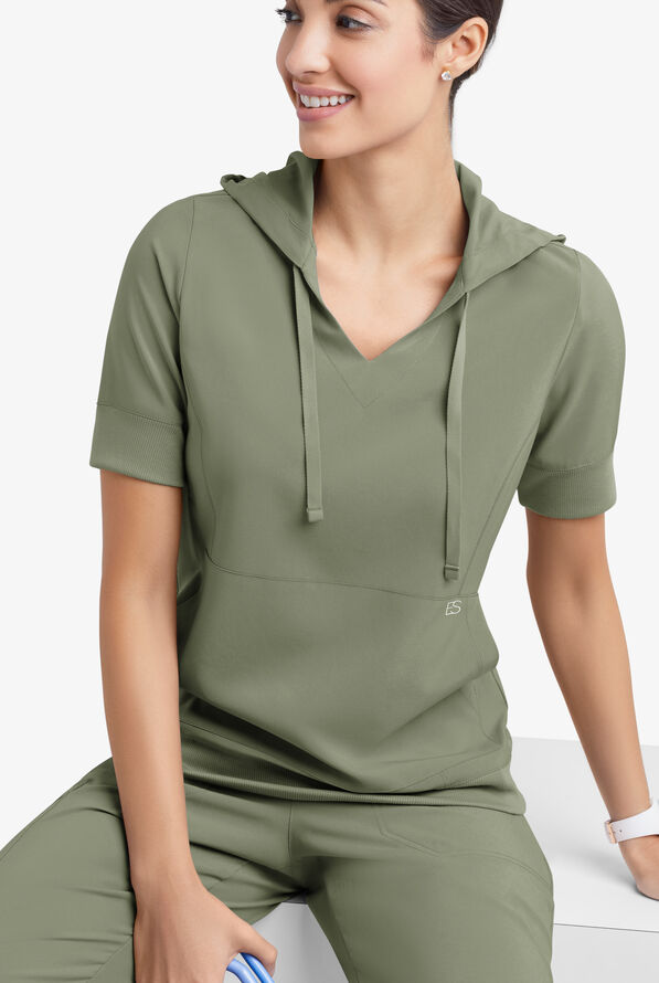 Sudadera médica manga corta Easy STRETCH True con capucha y 3 bolsillos para mujer - Olive Leaf - 1