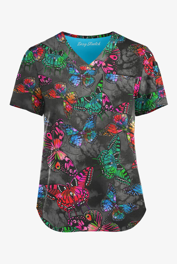 Easy STRETCH Butterfly Oasis Onyx Women's 2-Pocket Tuck-In V-Neck Print Scrub Top - null - 1
