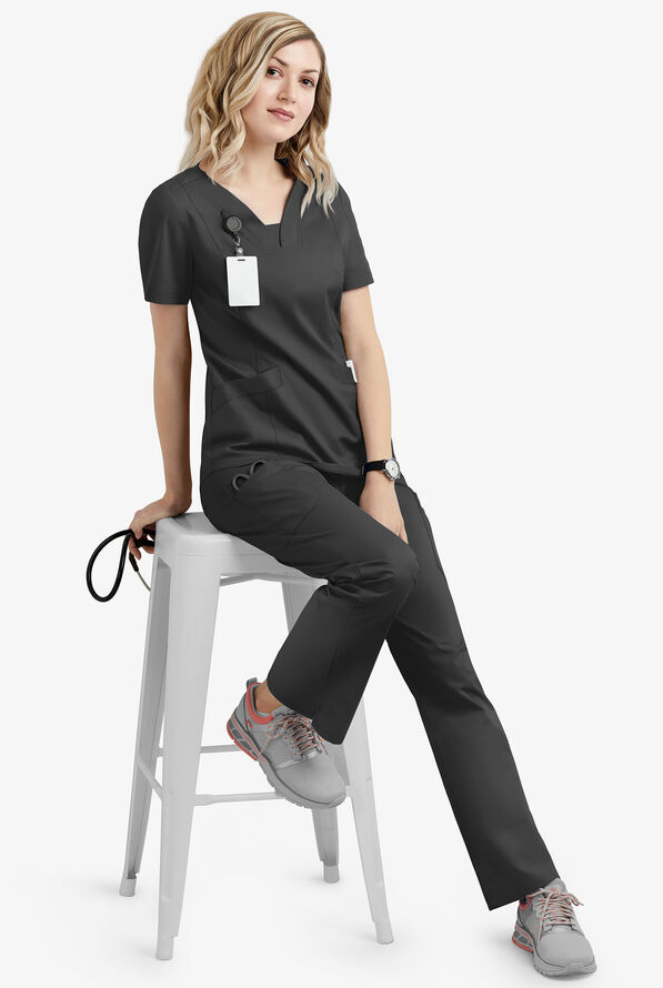 Butter-Soft STRETCH Women's 4-Pocket Feminine Curved V-Neck Scrub Top - Black - 2