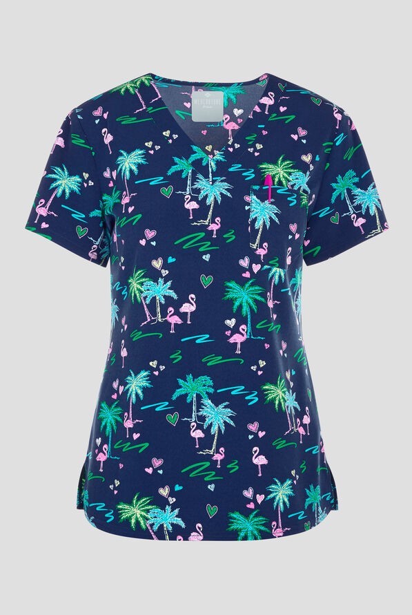 Med Couture Tropic Love Women's 1-Pocket STRETCH Tuck- In V-Neck Print Scrub Top - null - 1